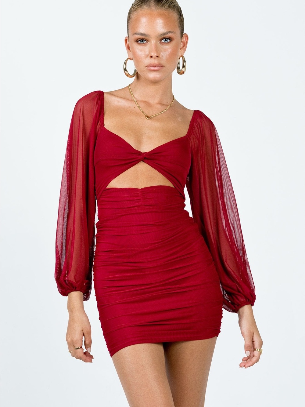 Princess Polly Red Mesh Long-Sleeve Twist Cutout Mini Dress